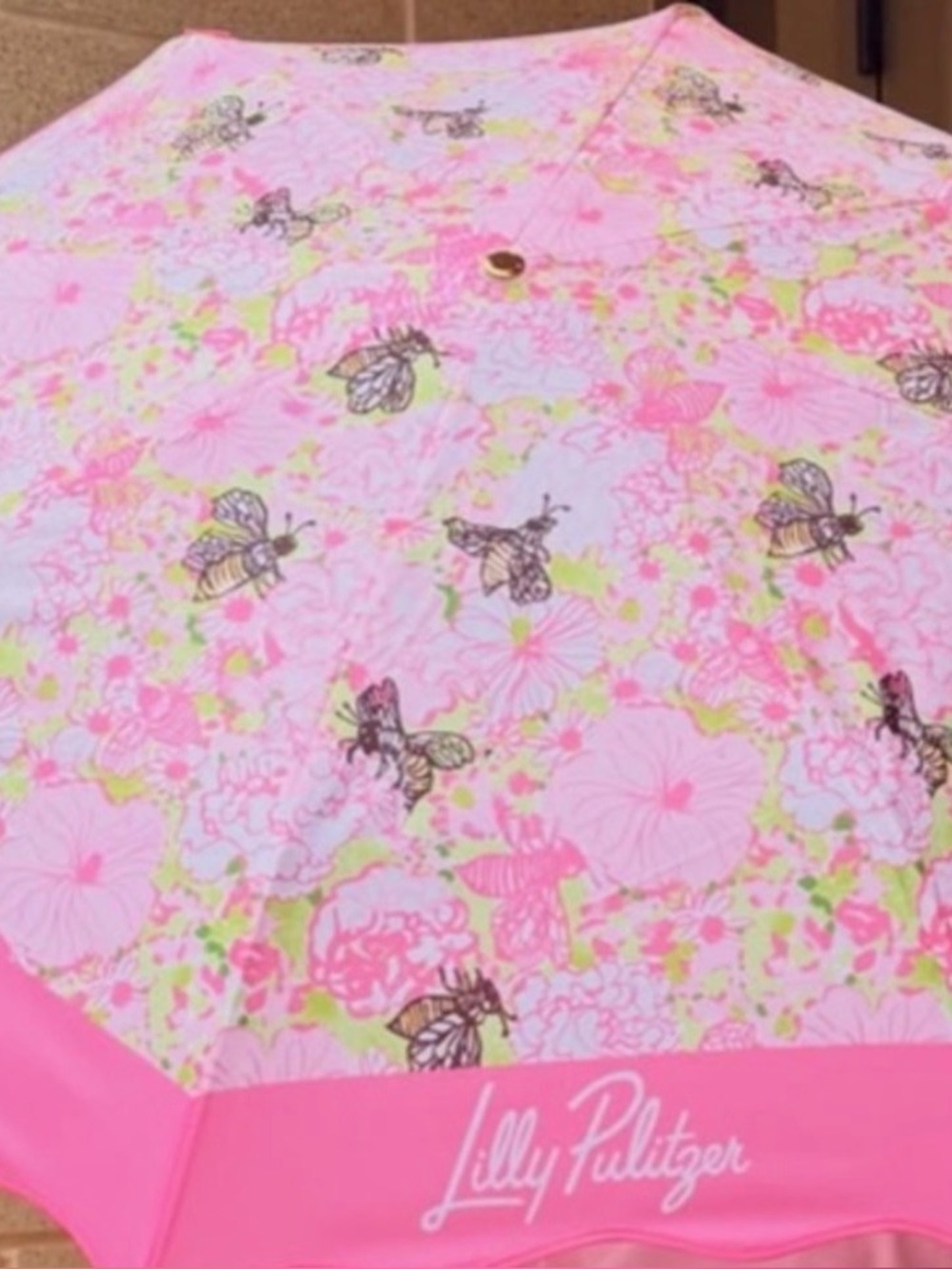 Lilly Pulitzer Pink Floral Compact Umbrella with Bamboo-Style Handle
